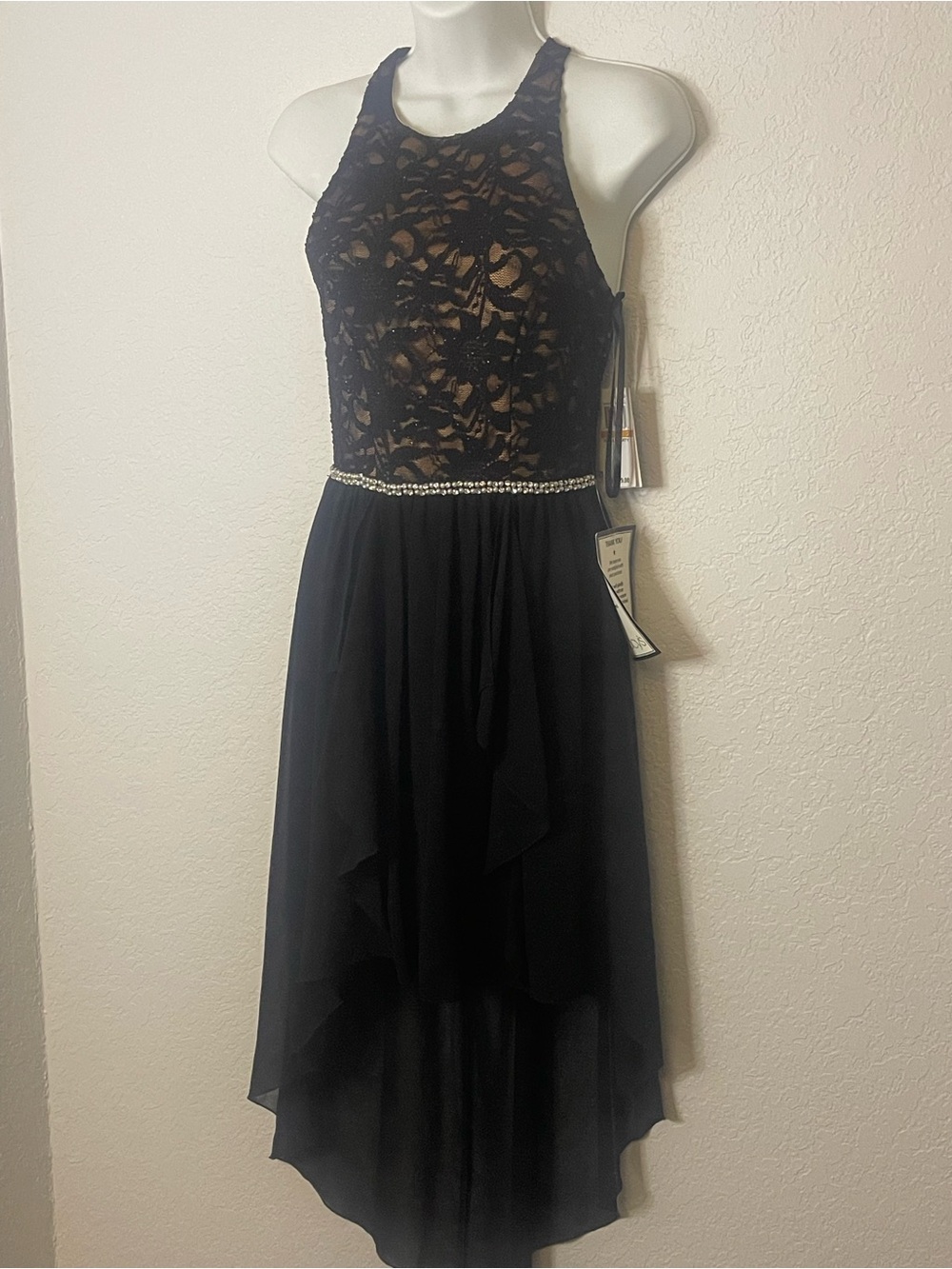 City Studios Black Lace Halter High-Low Dress with Beaded Waist